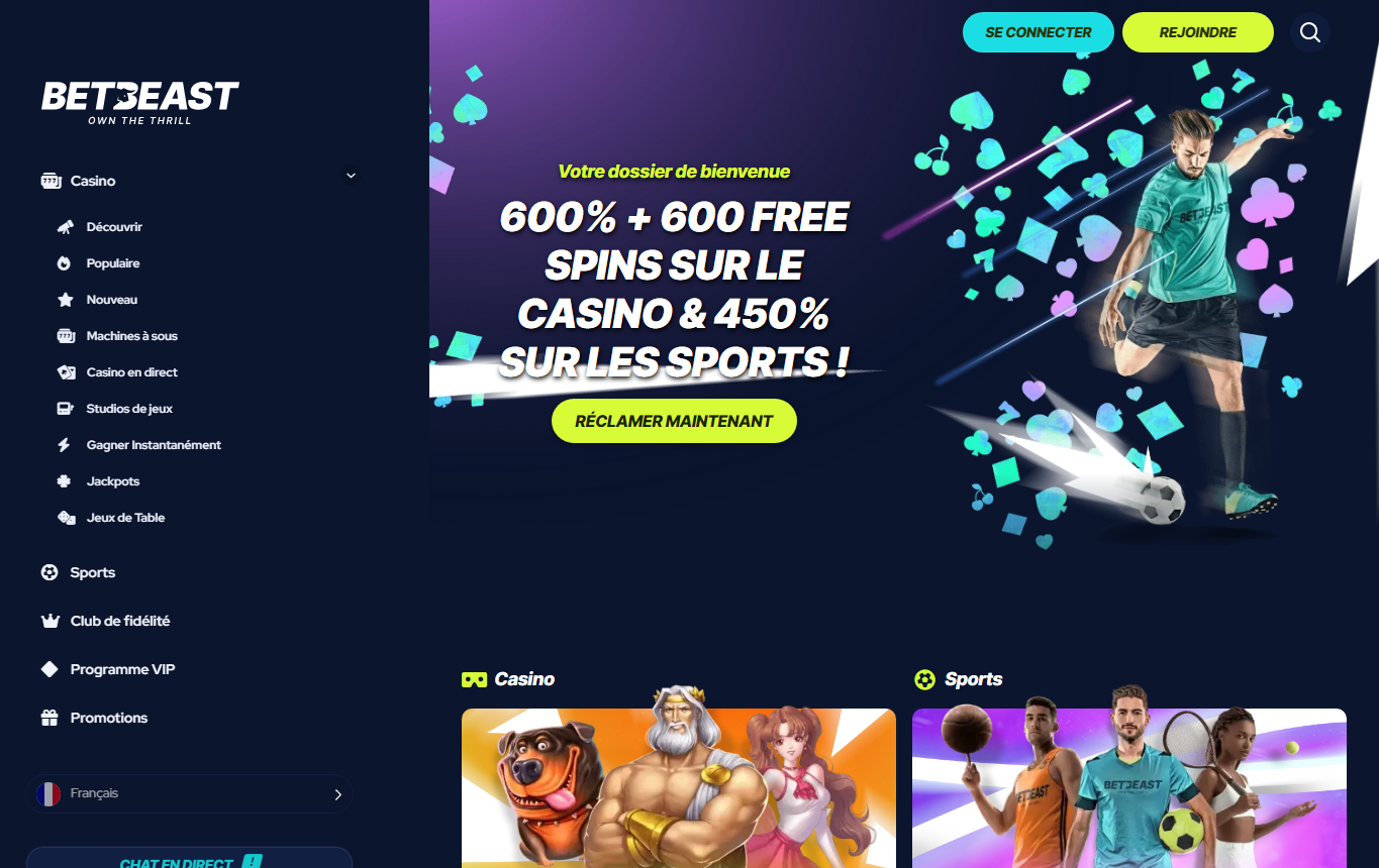 Capture de la page d'accueil de Bet Beast Casino