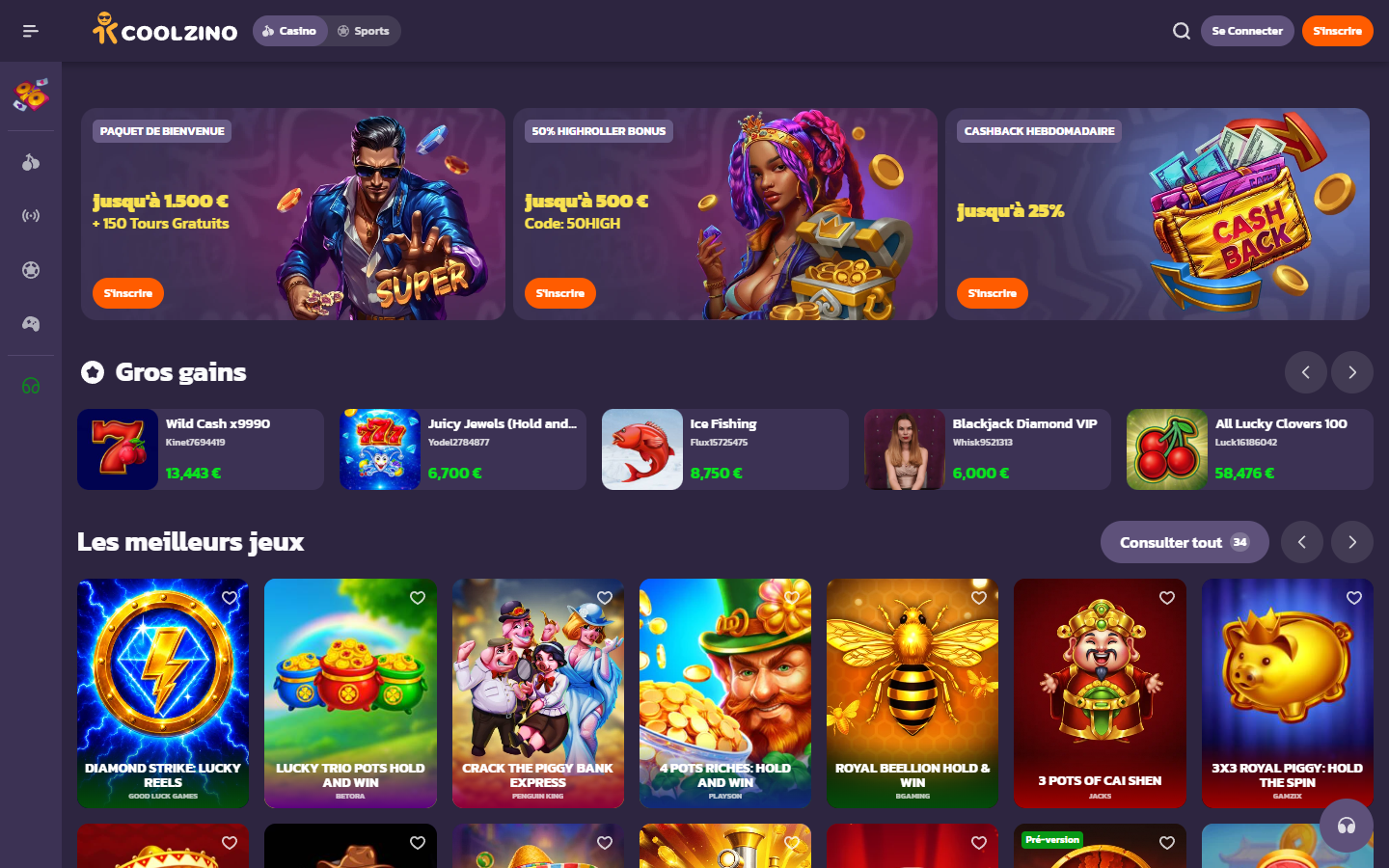 Aperçu du lobby Coolzino Casino en août 2026