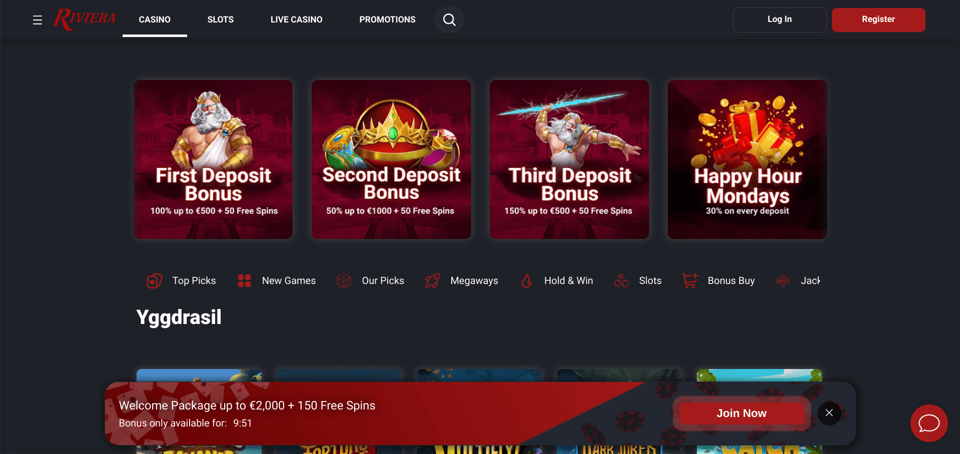 Vue générale de l'interface Riviera Casino