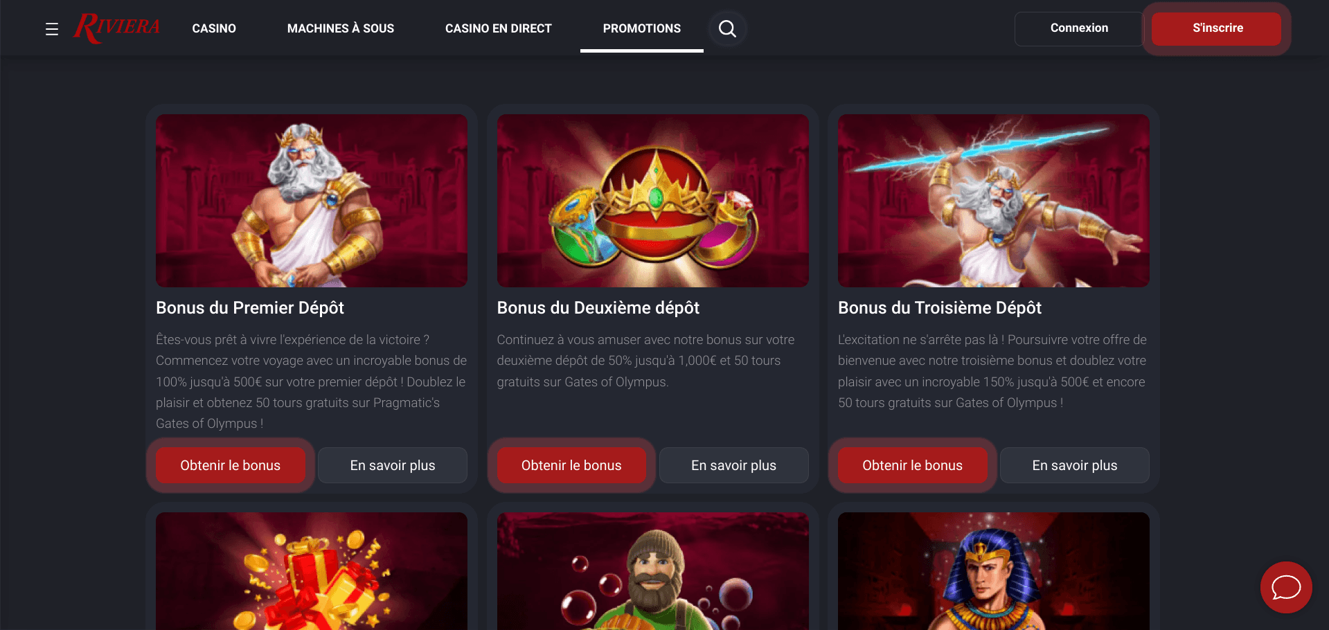 Écran des bonus de bienvenue Riviera Casino