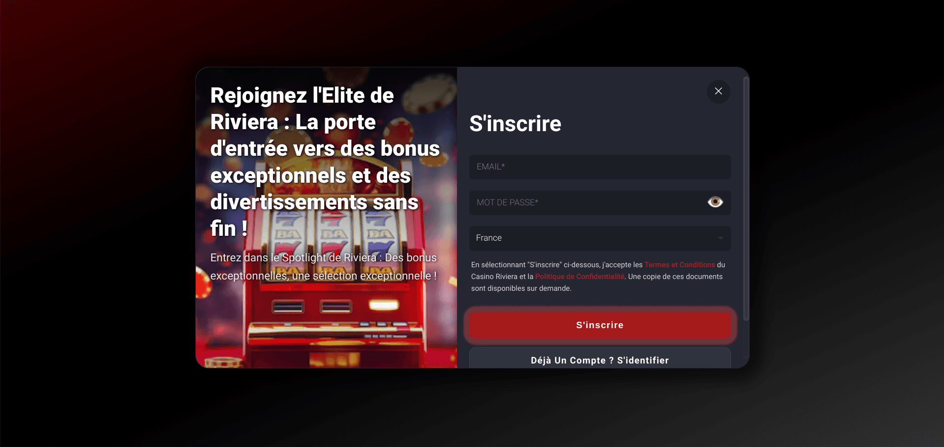 Formulaire d'inscription Riviera Casino