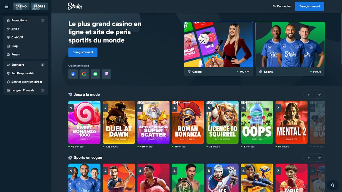 Aperçu du lobby Stake Casino